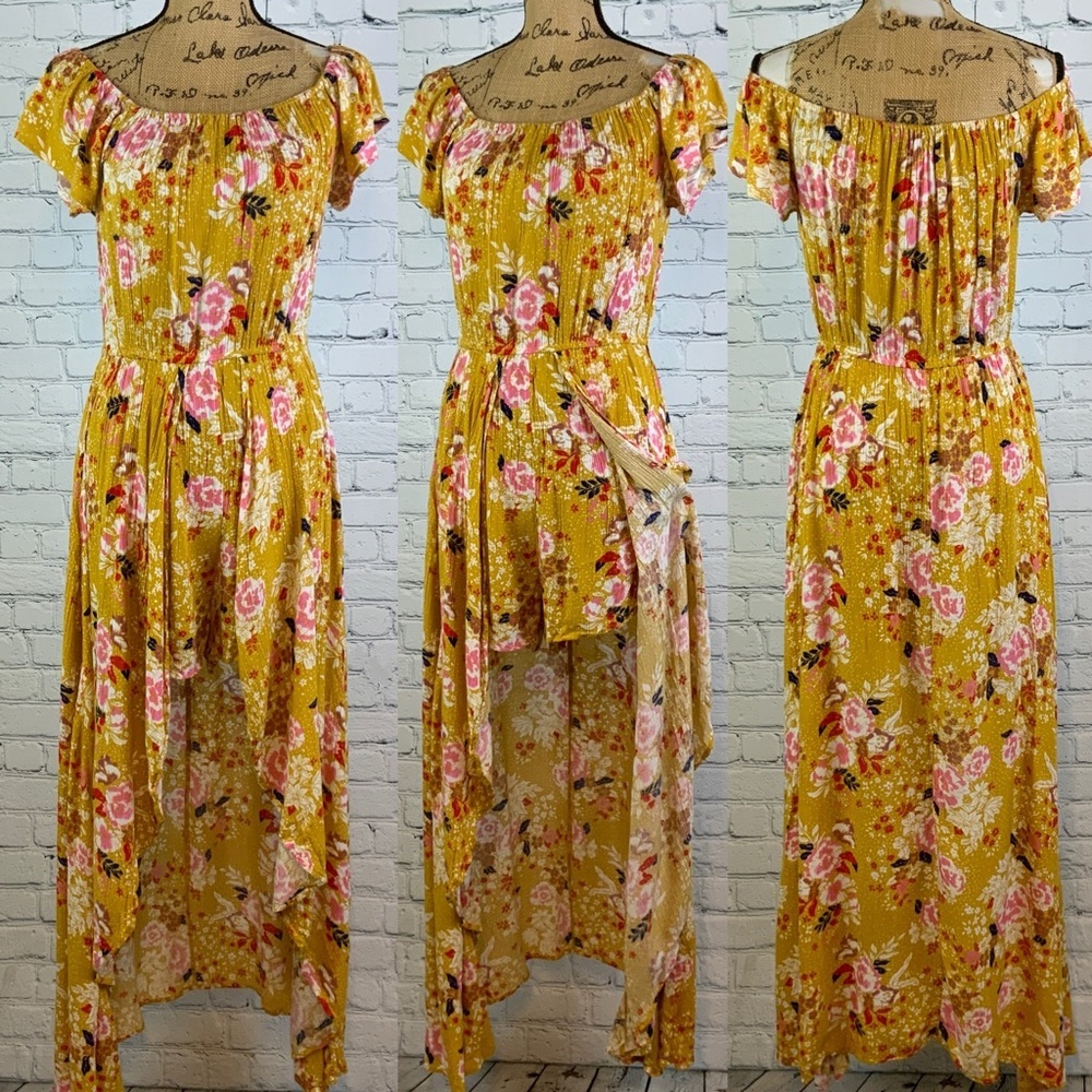 Altar’d State Crinkly Yellow Floral Off Shoulder High Lo Maxi Romper
